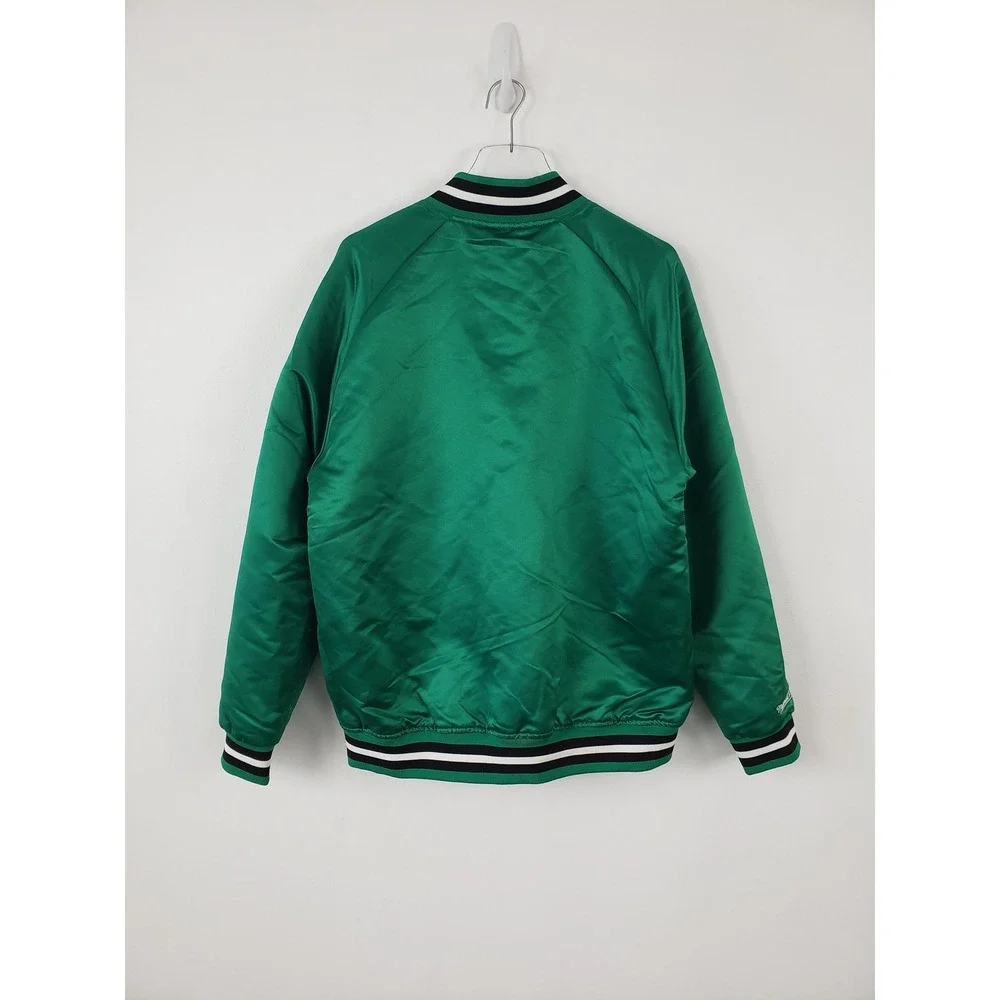 Boston Celtics Satin Varsity Jacket Green Snap Front Mitchell & Ness Mens Large